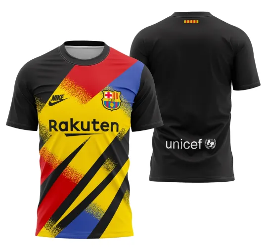 Camisa de goleiro do FC Barcelona com logo no peito e estampa grande nas costas, apresentando design elegante e cores vibrantes que destacam o estilo único do uniforme oficial da temporada 2019-2020.
