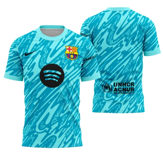 Camisa goleiro Barcelona 2024-2025 exibida com logo no peito e estampa grande nas costas, destacando design marcante e cores vibrantes que representam o time em sua temporada atual.