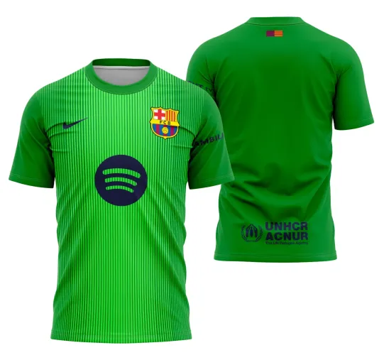Camisa goleiro Barcelona com logo no peito bem visível e estampa grande nas costas destacando cores vibrantes e design moderno, ideal para fãs do time.