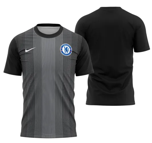 Vista frontal da camisa goleiro Chelsea 2025-2026 com logo no peito bem destacado e estampa grande e vibrante nas costas, exibindo detalhes modernos e cores marcantes.