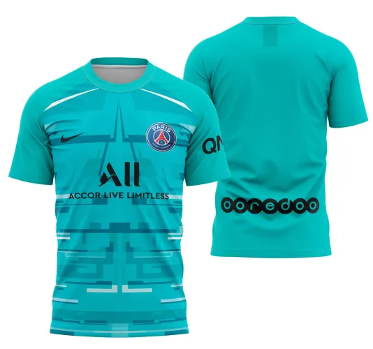 Imagem da camisa com logo no peito e estampa grande nas costas, apresentando design exclusivo do goleiro do PSG na temporada 2019-2020, com cores vibrantes e detalhes marcantes que destacam a peça.