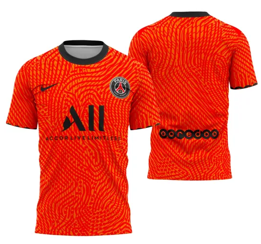 Camisa goleiro PSG com logo no peito e estampa grande nas costas em um design vibrante e moderno, destacando cores e detalhes que remetem à temporada 2020-2021.