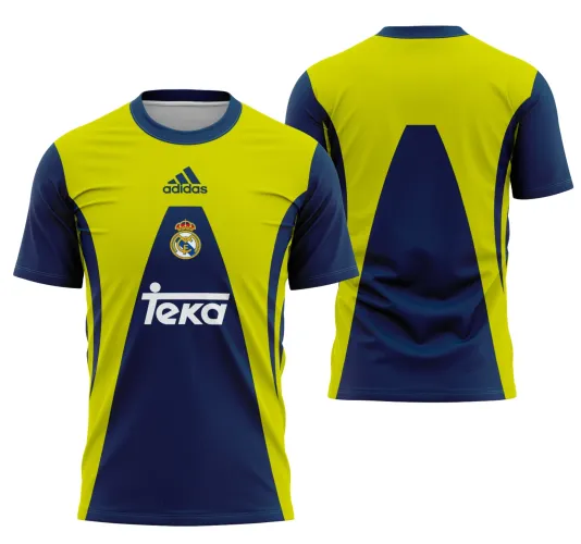 Camisa do goleiro do Real Madrid 1999-2000 com logo no peito e estampa grande nas costas, exibindo design marcante e cores vibrantes que remetem à época dourada do clube espanhol