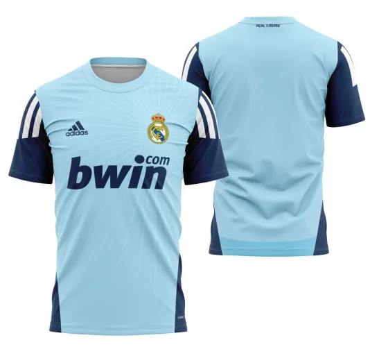 Camisa do goleiro do Real Madrid 2009-2010 com logo no peito e estampa grande nas costas, apresentando design clássico e elegante em detalhes vibrantes na cor tradicional do clube