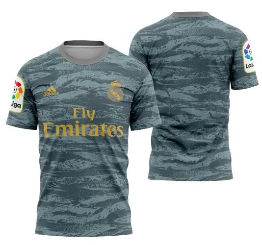 Camisa verde do goleiro do Real Madrid 2019-2020, destacando o logo no peito e uma estampa grande nas costas, em design moderno e vibrante com detalhes essenciais do uniforme oficial