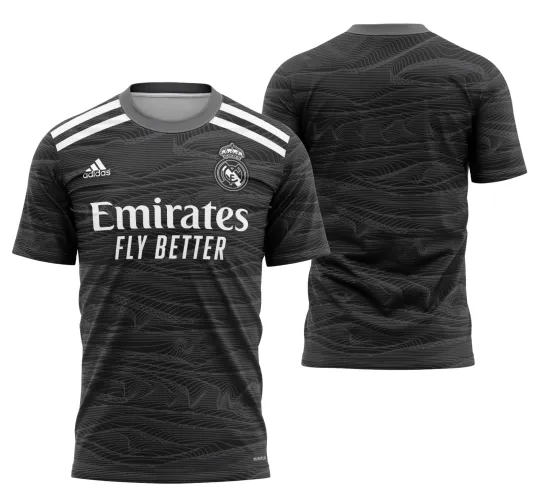 Imagem da camisa do goleiro do Real Madrid com o logo no peito e uma estampa grande nas costas, mostrando detalhes vibrantes e design elegante que chama a atenção dos fãs de futebol.