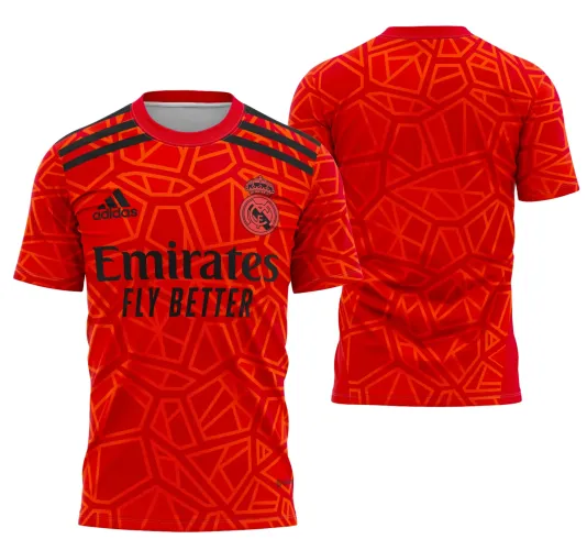 Foto da camisa goleiro Real Madrid 2022-2023 com logo no peito em destaque e estampa grande nas costas vibrante e detalhada, mostrando design moderno e cores autênticas da temporada atual