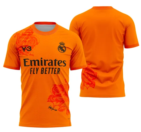 Imagem da camisa do goleiro do Real Madrid com logo no peito e estampa grande nas costas, destacando detalhes autênticos da temporada 2023-2024 em visual moderno e vibrante.