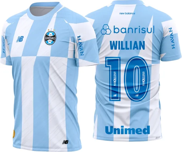 Camisa com logo no peito e estampa grande nas costas em estilo reserva do Grêmio 2026-27, ideal para torcedores que querem um visual moderno e autêntico.