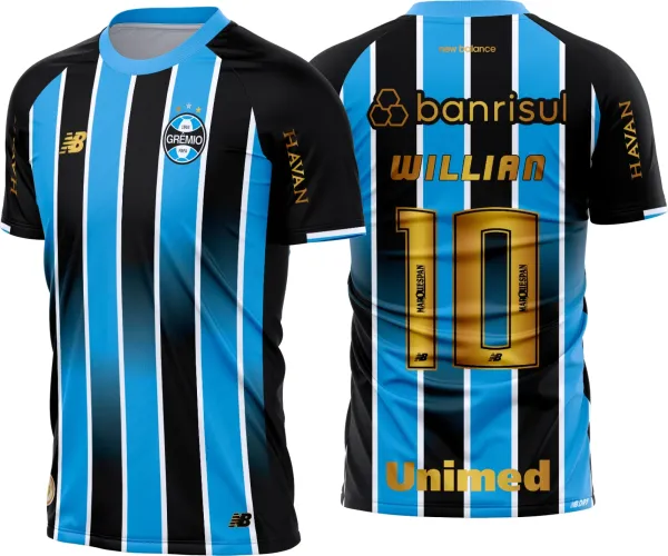 Imagem da camisa do Grêmio com logo no peito e estampa grande nas costas, exibindo design moderno e detalhes clássicos do time para a temporada 2026-27, em tons tradicionais do clube.