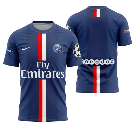 Camisa principal do PSG com logo no peito e estampa grande nas costas, exibindo design marcante e elegante nas cores tradicionais do clube.