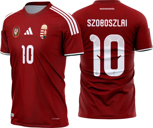 Camisa Hungria oficial com logo no peito e estampa grande nas costas, destacando o design moderno e as cores vibrantes do uniforme titular da seleção para 2026-28.
