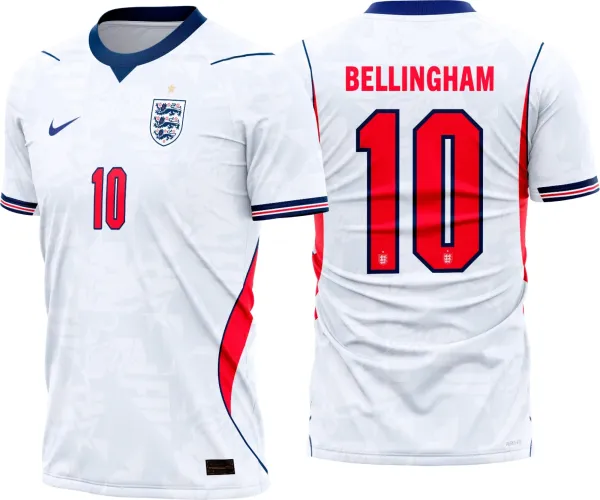 Camisa final da Inglaterra 2026-28 com logo no peito e estampa grande nas costas, destacando design moderno e detalhes sofisticados que remetem à tradição do time de futebol