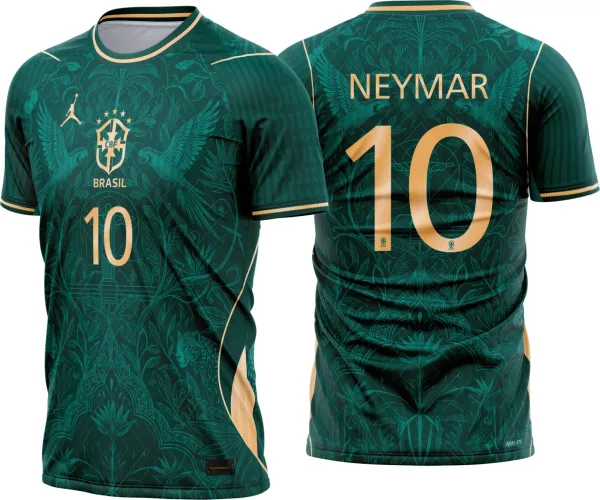Camisa final com logo no peito destacando o símbolo Brasil e uma estampa grande nas costas em tons de verde que remetem à natureza e união