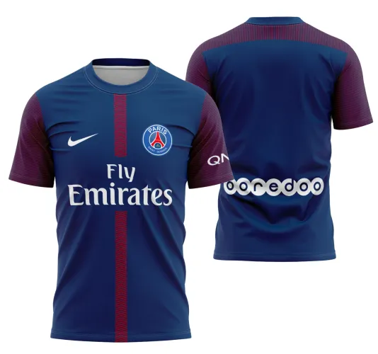 Camisa do PSG 2017-18 com logo no peito e estampa grande nas costas exibindo locais icônicos da cidade, em design detalhado e moderno, perfeita para quem ama futebol e estilo autêntico