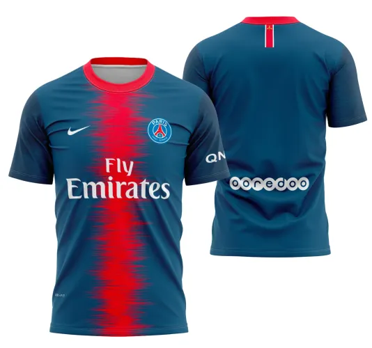 Camisa com logo no peito e estampa grande nas costas mostrando locais icônicos do PSG na temporada 2018-2019, com design marcante e detalhes vibrantes que evidenciam a paixão pelo clube.