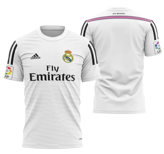 Camisa do Real Madrid com logo no peito e estampa grande nas costas, destacando elementos dos locais históricos do clube na temporada 2014-2015, com design impactante e detalhes marcantes.