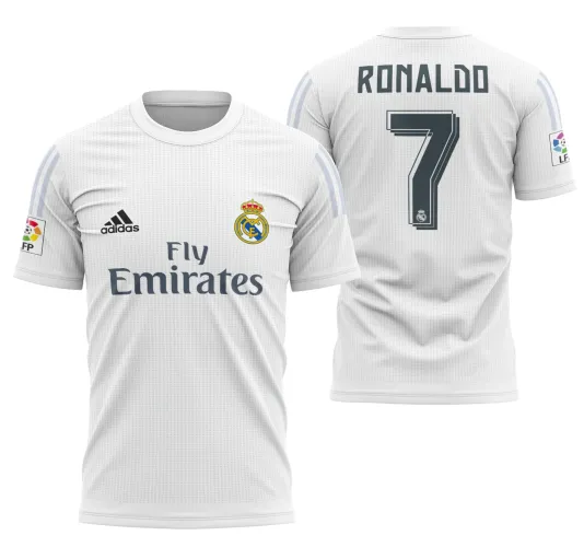 Camisa do Real Madrid com logo no peito e estampa grande nas costas destacando detalhes da temporada 2015-2016 em cores vibrantes e design marcante