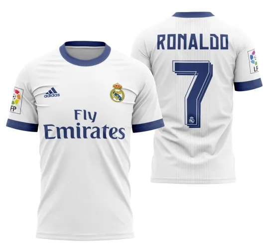 Camisa do Real Madrid com logo no peito e estampa grande nas costas, destaque para cores e design da temporada 2016-2017, perfeita para fãs e colecionadores