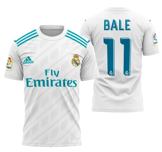 Camisa do Real Madrid com logo no peito e estampa grande nas costas exibindo os principais locais do clube na temporada 2017-2018, em design moderno e detalhes nítidos