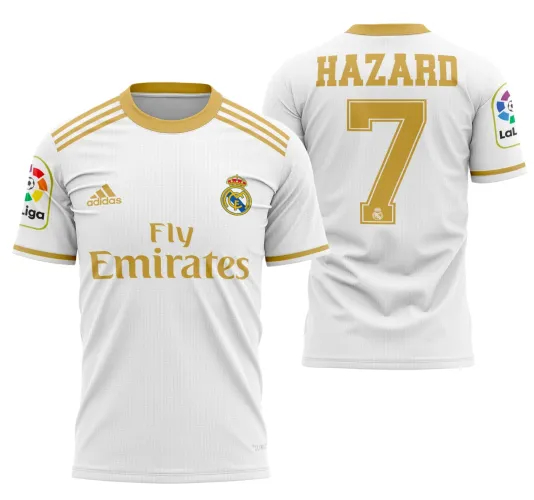 Camisa do Real Madrid 2019-2020 com logo no peito e estampa grande nas costas destacando os locais emblemáticos do clube, em design vibrante e detalhado, perfeito para torcedores e colecionadores.