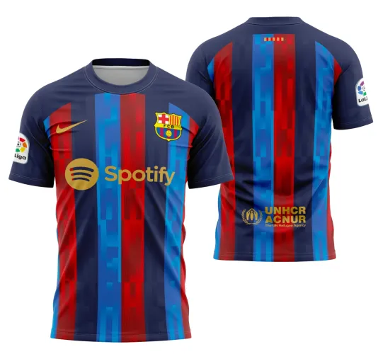 Camisa do Barcelona com logo no peito e estampa grande nas costas, exibindo design moderno e detalhado que remete ao estilo e tradição do clube na temporada 2022-2023.