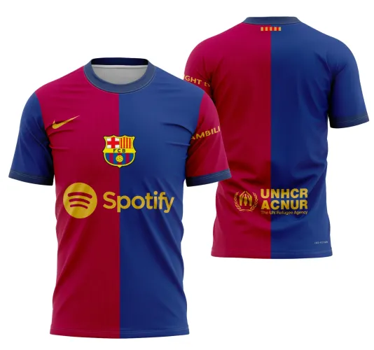Imagem da camisa local do Barcelona 2024-2025 com logo no peito e estampa grande nas costas, mostrando detalhes vibrantes e design moderno que destacam a identidade do time de forma única.