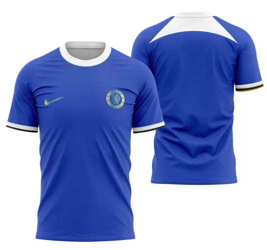 Camisa do Chelsea 2023-2024 exibindo o logo no peito e uma estampa grande nas costas que destaca a identidade do clube com cores vibrantes e design moderno