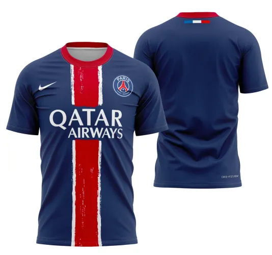 Camisa do PSG com logo no peito e estampa grande nas costas exibindo detalhes vibrantes e design moderno, perfeita para quem valoriza estilo autêntico e identidade marcante no visual.