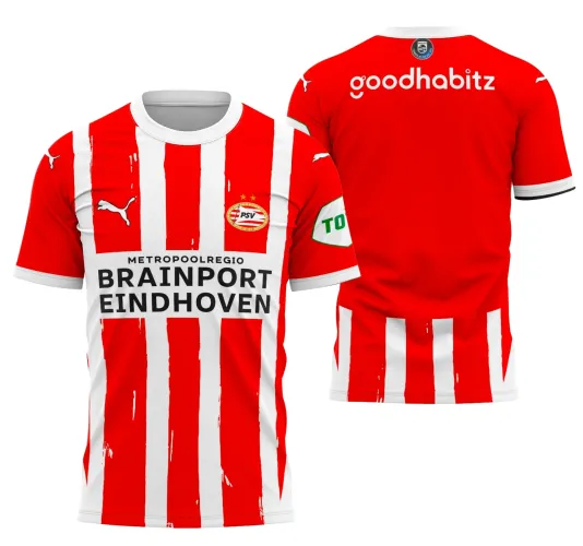 Foto da camisa local do PSV Eindhoven 2024-2025 com o logo no peito e uma estampa grande nas costas, exibindo detalhes vibrantes e design moderno em tons oficiais do time.
