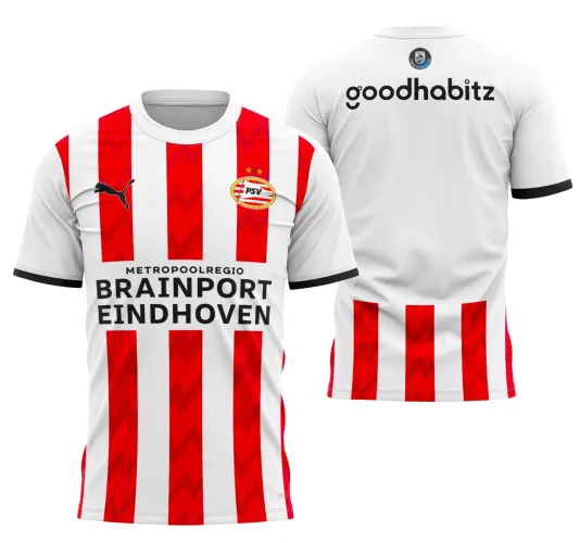 Foto da camisa masculina do PSV Eindhoven 2025 2026 com logo no peito em destaque e estampa grande nas costas que mostra detalhes vibrantes e design moderno.