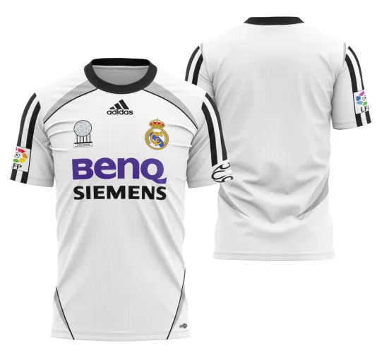 Camisa do Real Madrid exibida em destaque, com o logo no peito bem visível e uma estampa grande e impactante nas costas, transmitindo estilo e autenticidade da temporada 2006-2007.