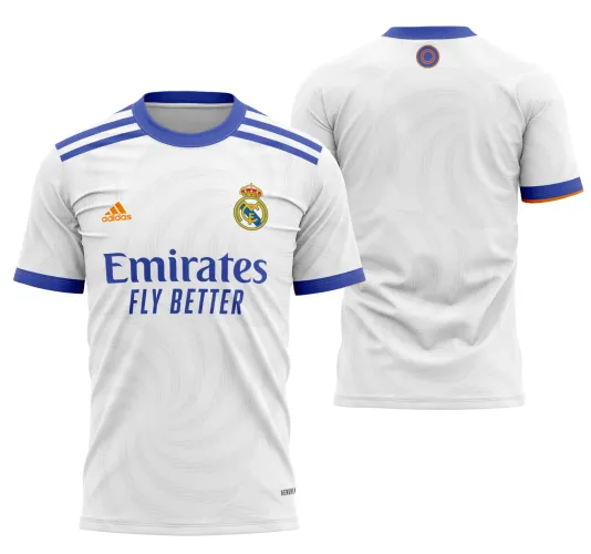 Camisa do Real Madrid 2021-2022 com logo no peito e estampa grande nas costas, destacando detalhes clássicos e design elegante em tom branco predominante