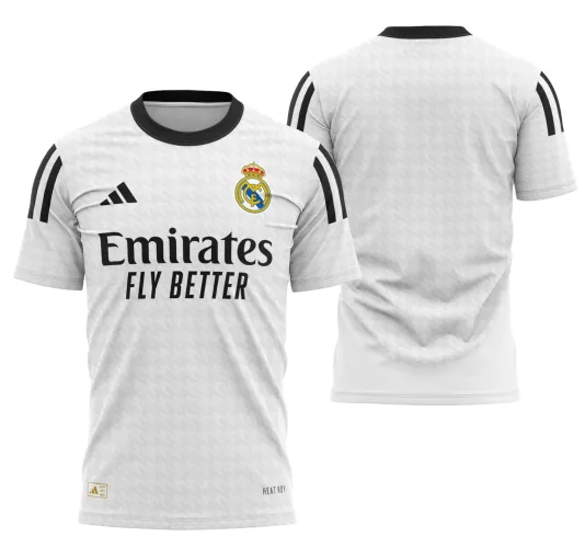 Camisa do Real Madrid 2024-2025 com logo no peito e estampa grande nas costas, transmitindo a identidade icônica do clube com design moderno e elegante, perfeita para fãs de futebol.