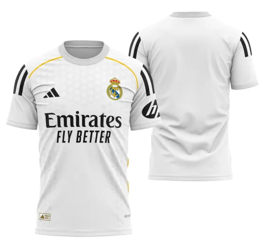 Camisa final do Real Madrid 2025-2026 com logo no peito e estampa grande nas costas, exibindo design moderno e detalhado em branco clássico, perfeita para fãs do clube prestigiar o uniforme icônico.