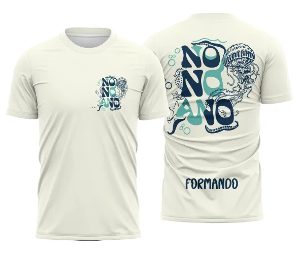 Camisa com logo no peito e estampa grande nas costas destacando elementos aquáticos em tons vibrantes de azul e verde, transmitindo a energia e a vida marinha do tema Maré Viva.