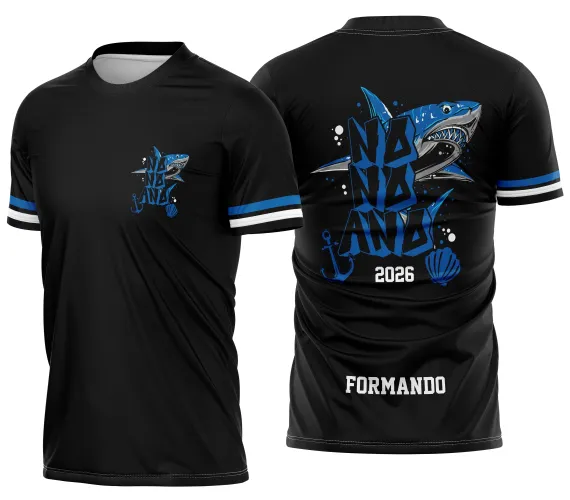 Camisa com logo no peito e estampa grande nas costas com desenho de tubarão azul vibrante, design moderno e impactante perfeito para alunos do nono ano.