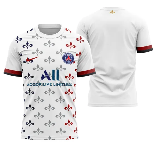 Camisa com logo no peito e estampa grande nas costas, design moderno e vibrante inspirado no clube PSG com detalhes que destacam estilo e personalidade em produção única.