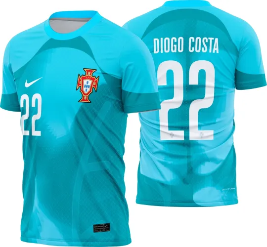 Imagem da camisa do goleiro de Portugal 2022-23 com logo no peito e estampa grande nas costas, destacando originalidade e estilo para fãs de futebol.