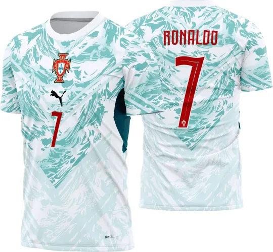 Camisa Portugal com logo no peito bem visível e estampa grande nas costas destacando detalhes vibrantes do uniforme reserva para 2026-28, ideal para fãs e colecionadores.