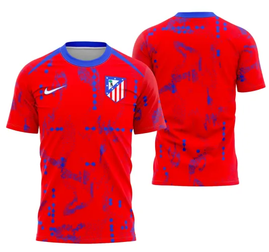 Camisa do Atlético Madrid com logo no peito visível e estampa grande nas costas em destaque, mostrando cores vibrantes e design moderno que capturam toda a essência do time.