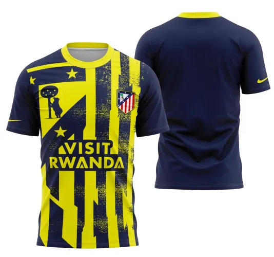 Camisa do Atlético de Madrid com logo no peito em destaque e estampa grande nas costas com design moderno e vibrante, ideal para fãs que valorizam estilo e autenticidade no futebol.