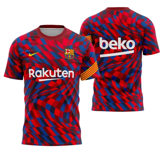 Exibe a camisa do Barcelona com logo no peito e estampa grande nas costas, destacando as cores clássicas do clube para a temporada 2020-2021 com visual vibrante e moderno.