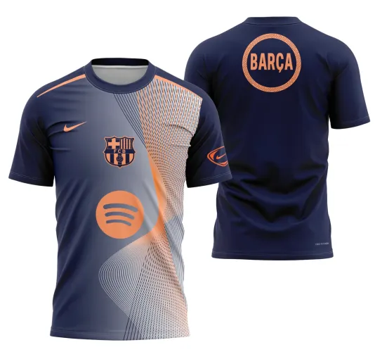 Camisa com logo do Barcelona no peito e estampa grande nas costas, destacando design moderno e cores vibrantes que celebram a temporada 2025-2026 da equipe catalã, perfeita para fãs e colecionadores.