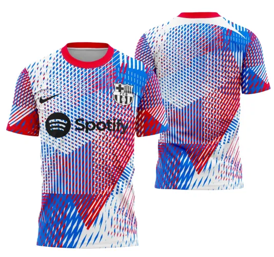 Imagem da camisa com logo no peito e estampa grande nas costas, destacando o design elegante da pré-jogo do Barcelona na temporada UCL 2022-2023.