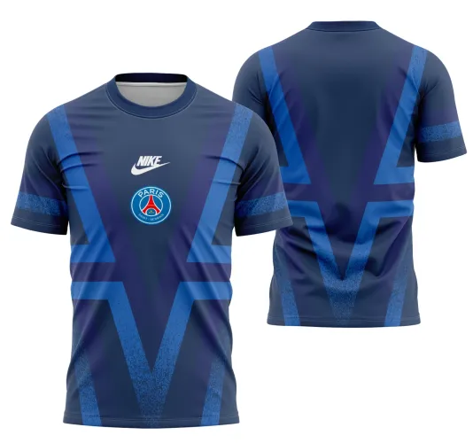 Camisa do PSG com logo no peito e estampa grande nas costas, exibindo cores e design marcantes da pré-jogo UCL 19-20.