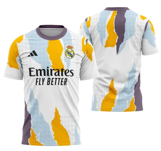 Camisa do Real Madrid 2024-2025 em pré-jogo com logo no peito e estampa grande nas costas, detalhe elegante com design moderno e cores vibrantes destacando o estilo único do time.