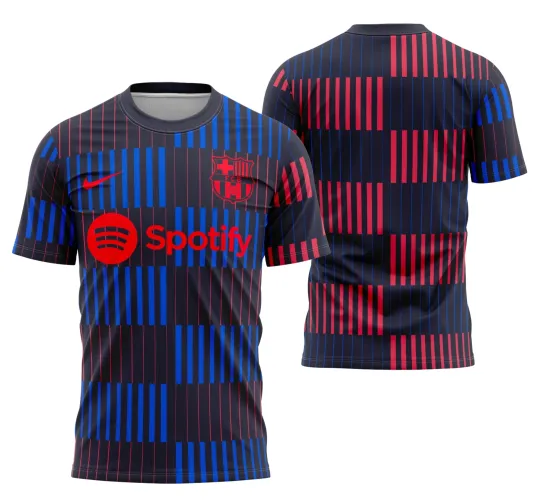 Camisa com logo no peito e estampa grande nas costas mostrando design exclusivo inspirado em Barcelona 2024-2025, destaque para detalhes modernos e cores vibrantes.