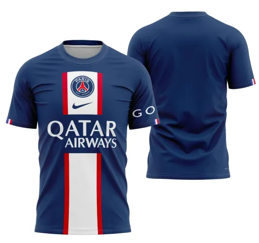 Camisa final do Psg com logo no peito e estampa grande nas costas, design moderno e detalhes que destacam a paixão pelo clube, perfeita para fãs e colecionadores.