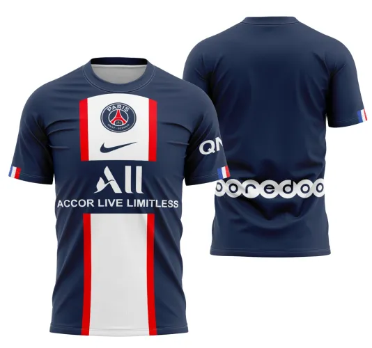 Camisa do PSG com logo no peito e estampa grande nas costas que destaca o design moderno e as cores vibrantes do modelo 2 da temporada 2022-2023, ideal para fãs e colecionadores.